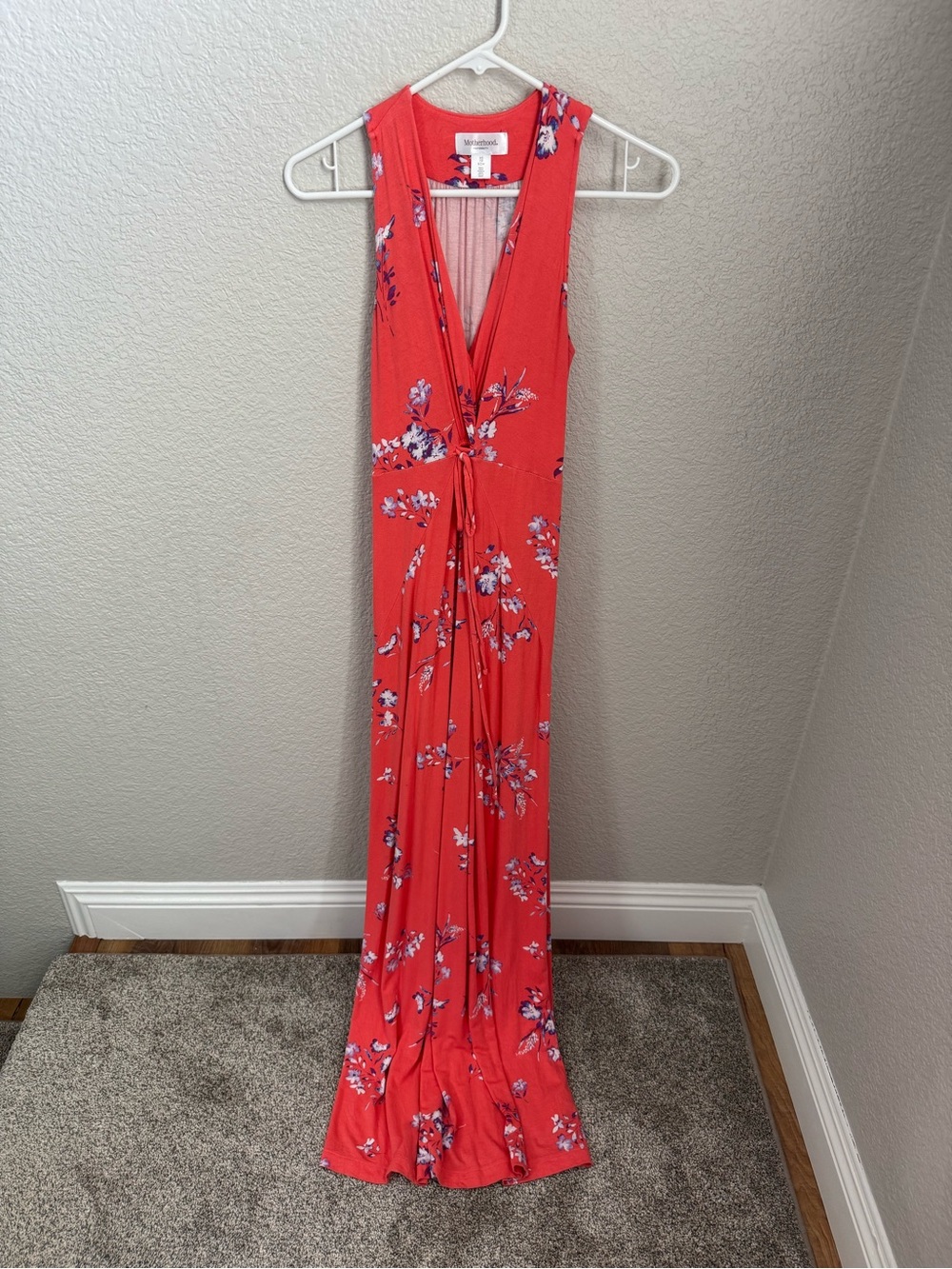 Motherhood Maternity Coral Floral Maxi Dress with Front Tie